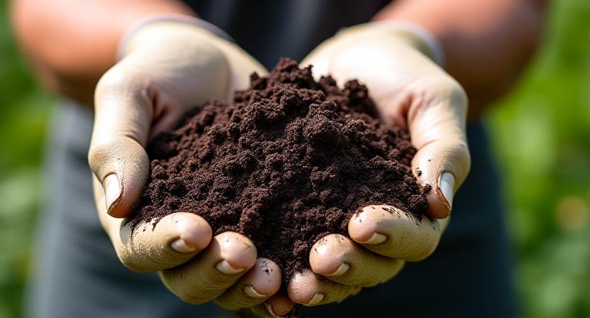 Rich dark organic compost soil being handled by a gardener