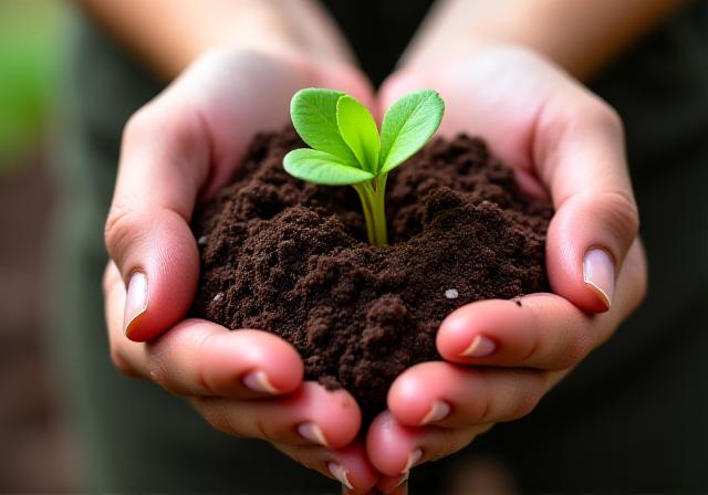 Hands handling organic soil